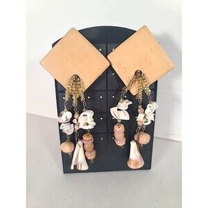Vintage Handmade Large Wooden & Shells Statement Earrings Beach Tribal Wedding